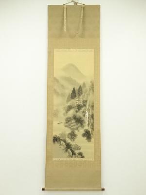 五島紫紅筆　水墨塔山水　肉筆絹本掛軸（共箱）